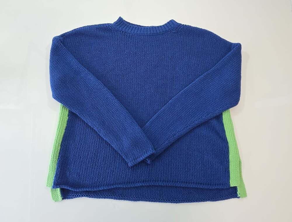 HIHO Blue and Neon Green Side Panel Crewneck Knit Pullover Sweater Size S